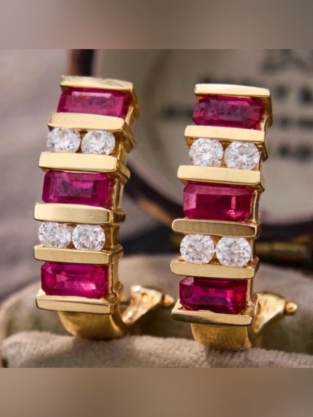 Gold Hoop Earrings with Ruby-Red Stones and White Accents